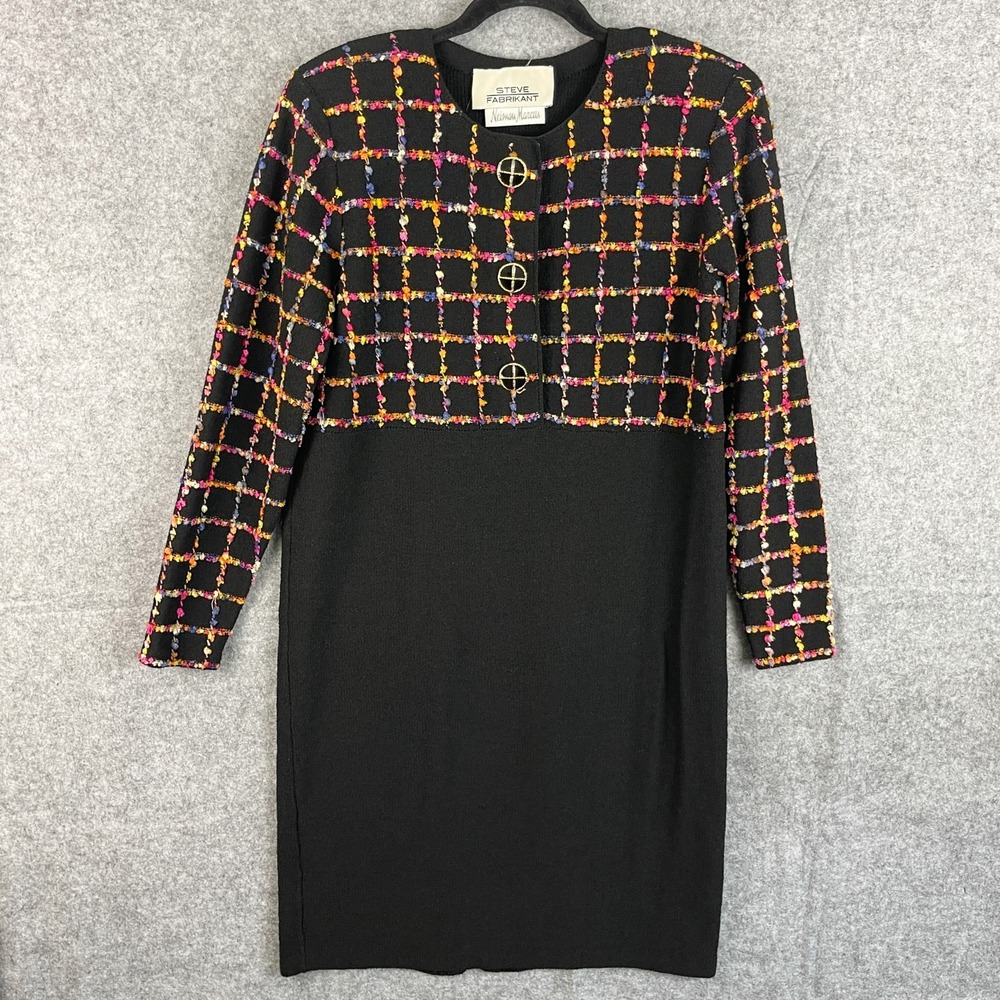 VTG Steve Fabrikant for Neiman Marcus Tweed Dress Womens Medium Knit Artsy 80s